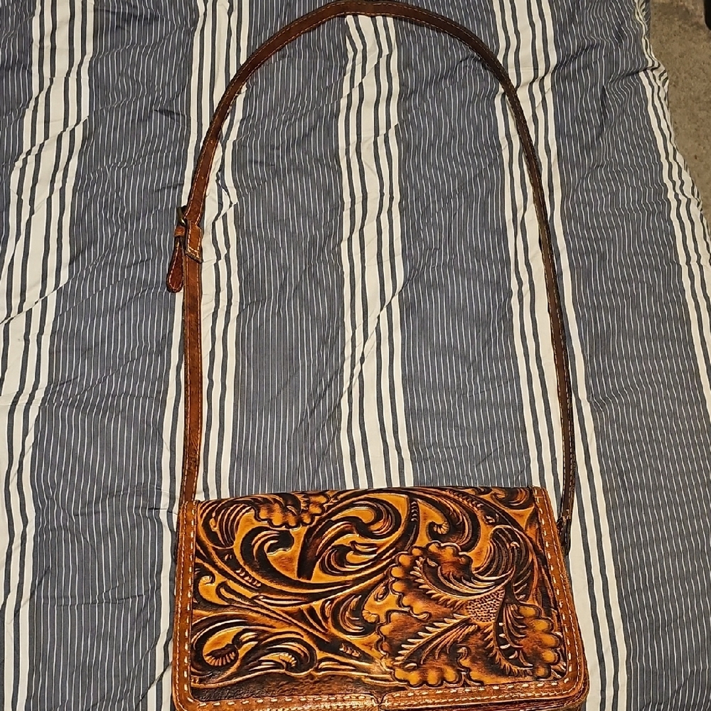 Authentic Patricia Nash Floral Embossed Tan Crossbody Bag